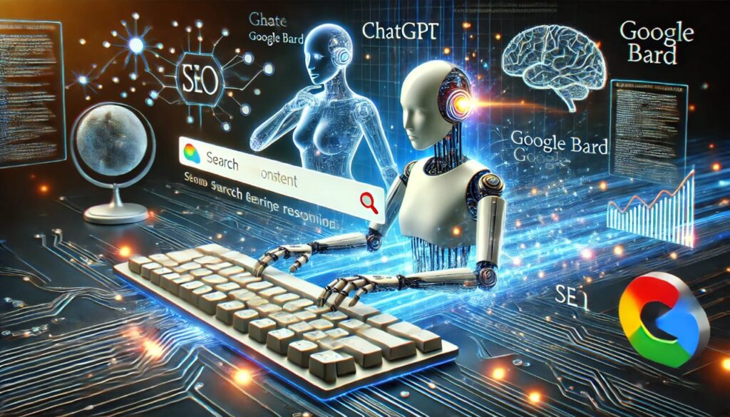 تصميم مستقبلي يعرض دور ChatGPT وGoogle Bard في تحسين SEO، مع عناصر تقنية تعبر عن الذكاء الاصطناعي وتحليل المحتوى